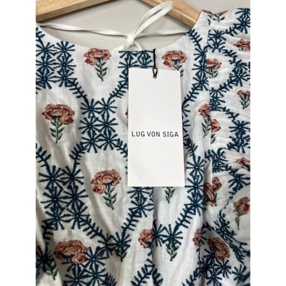 NWT Lug Von Siga Linen Jessica Back Tie Ruffle Sleevless Blue Flower Blouse Top - Picture 4 of 8